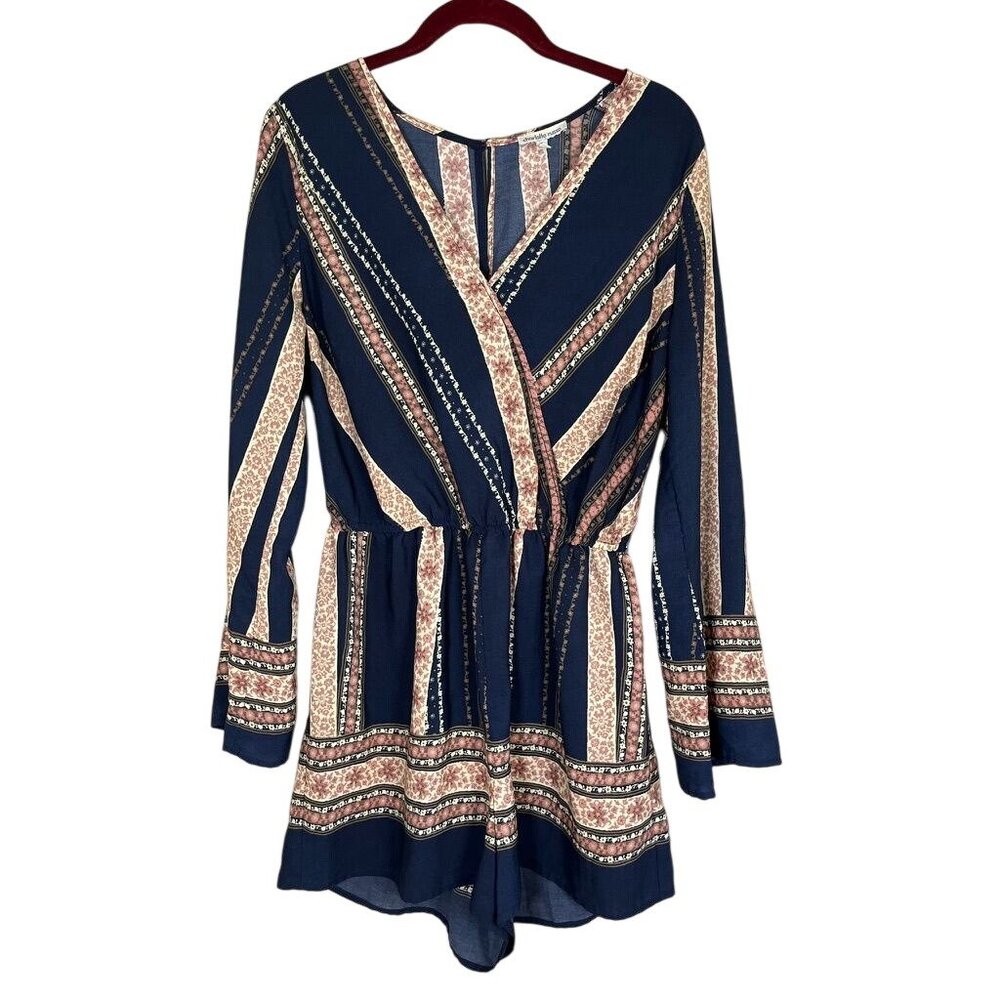 Colorful Floral Striped Romper Blue M Boho Indie Folk Peasant Festival‎ Western